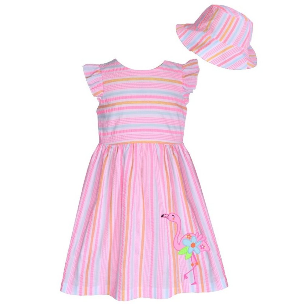 Bonnie Jean Baby Girls 3M-24M Pink Seersucker Flamingo Applique Dress and Hat